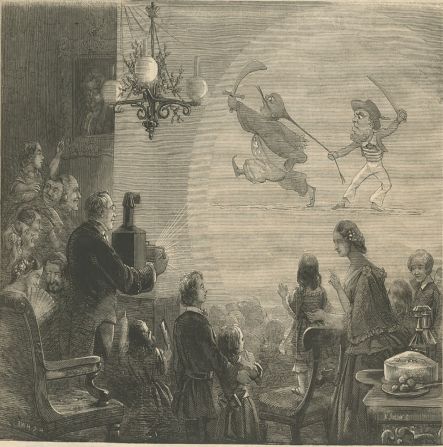 Magic lantern shows were particularly popular social events, like this 1858 Christmas lantern show illustrated here.  