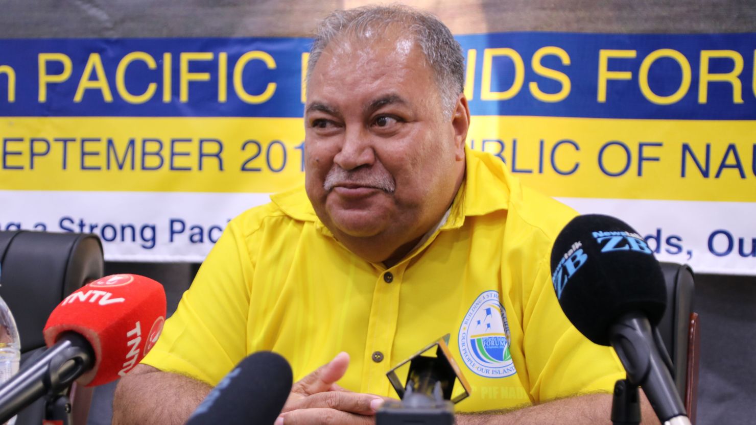 Nauru's President Baron Waqa attends a press conference after the Small Island States meeting in Aiwo on September 3.