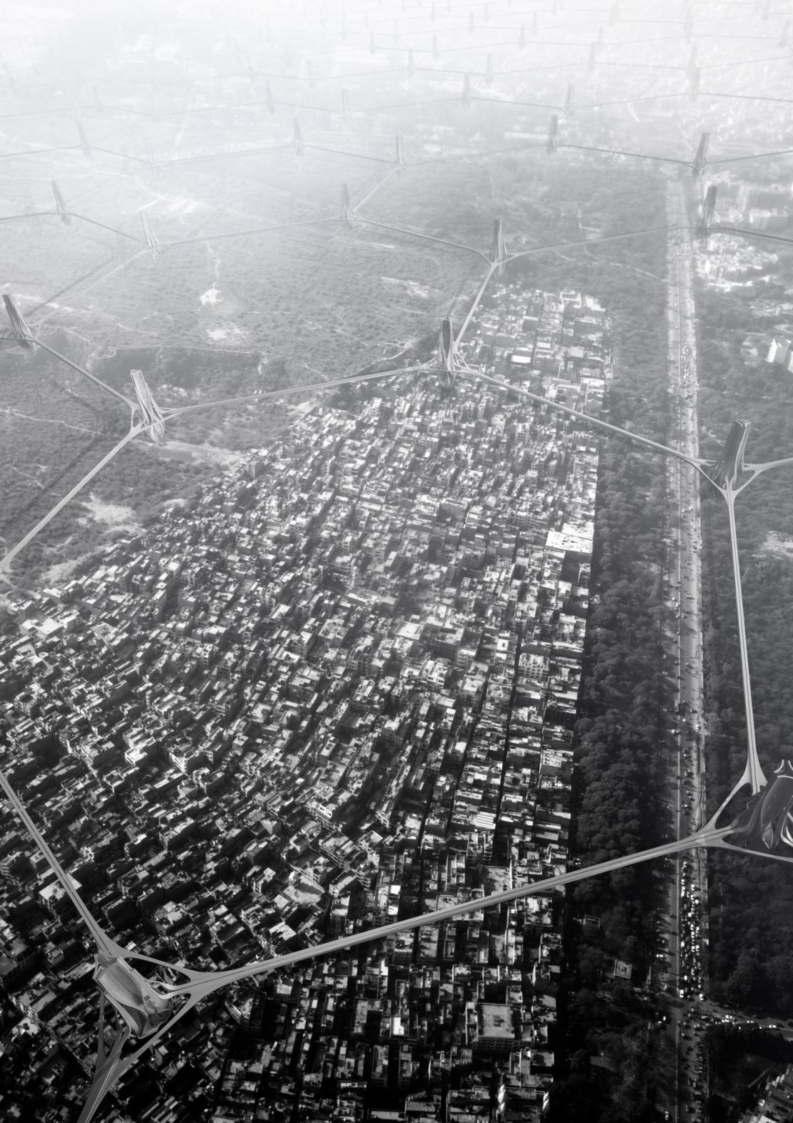 An illustration of the hexagonal tower network, seen from above.