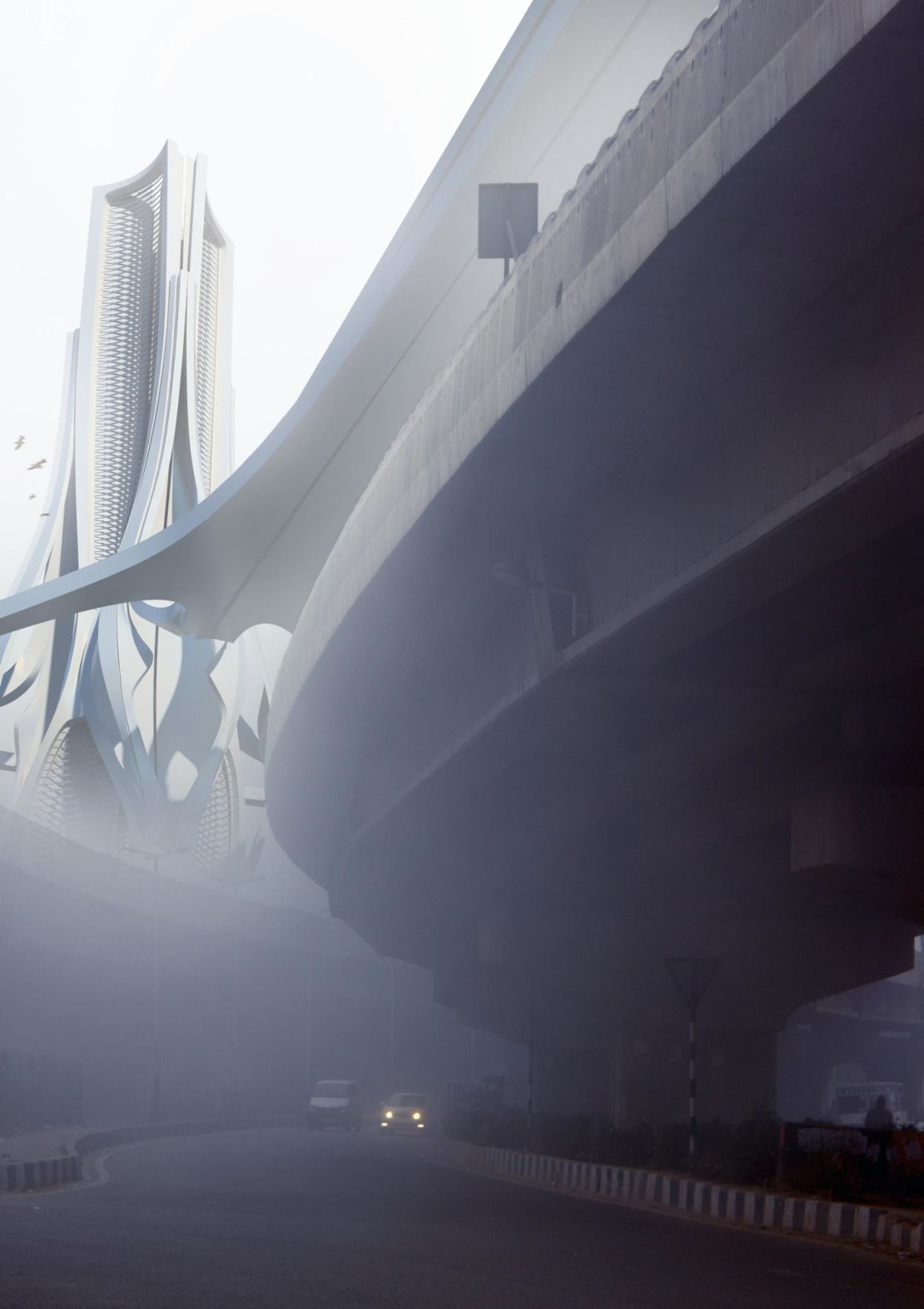 A rendering of the Moolchand flyover in Delhi, with an air filter tower in the background.