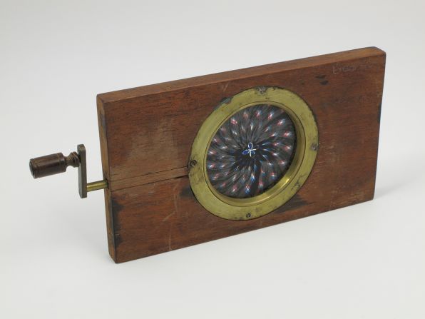 Lantern slides could be manipulated to produce special effects, like this chromatrope slide which could be wound to produce kaleidoscope patterns.