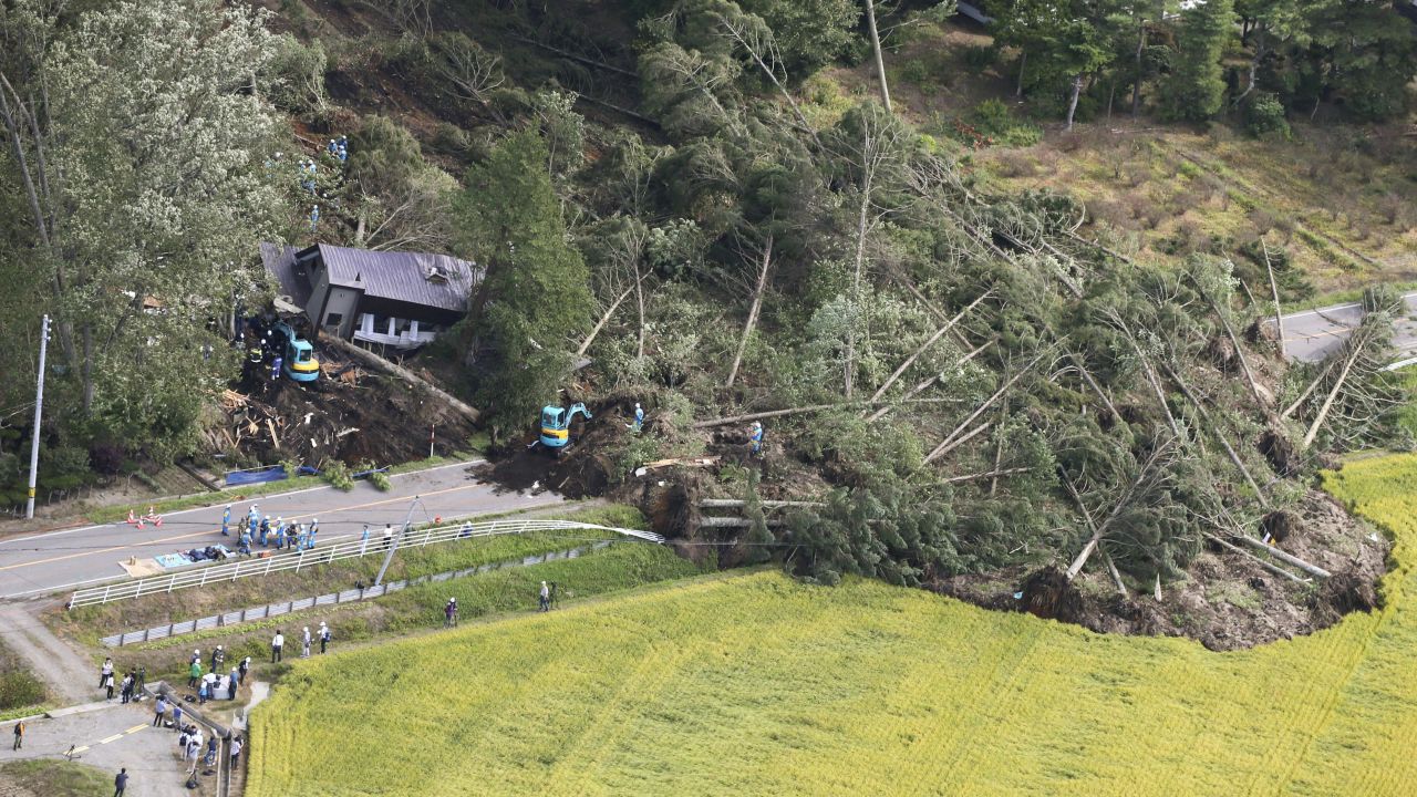 Photo taken Sept. 6, 2018, from a Kyodo News airplane shows the site of a landslide in Atsuma, Hokkaido, northern Japan, triggered by an earthquake with preliminary magnitude of 6.7.