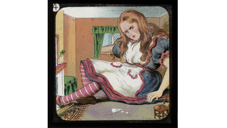 Thousands of lantern slides -- such as this one of Alice in Wonderland -- were widely available to purchase or hire at the time. <br />