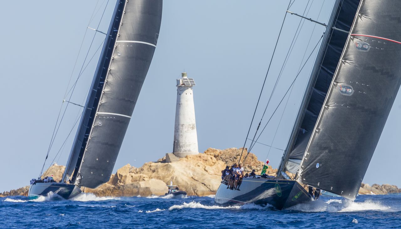 The J Class Velsheda, racing in the Supermaxi category, leads the more modern Topaz, helmed by former Olympic silver medalist Peter Holmberg of the US Virgin Islands.