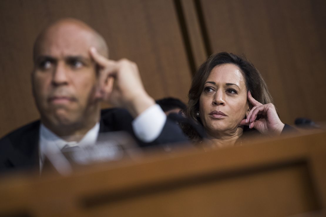 Sens. Kamala Harris of California and Cory Booker of New Jersey on Capitol Hill during the Kavanaugh confirmation hearings.