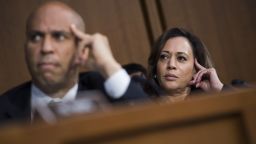 UNITED STATES - SEPTEMBER 04: Sens. Kamala Harris, D-Calif., and Cory Booker, D-N.J., attend the Senate Judiciary Committee confirmation hearing for Supreme Court nominee Brett Kavanaugh in Hart Building on September 4, 2018. The hearing was delayed by motions to adjourn by Democratic senators and interruptions by protesters. (Photo By Tom Williams/CQ Roll Call)