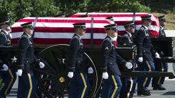 The 3rd Infantry Regiment, also known as the Old Guard, Caisson Platoon carry the remains of two unknown Civil War Union soldiers to their grave at Arlington National Cemetery in Arlington, Virginia on Thursday, September 6.