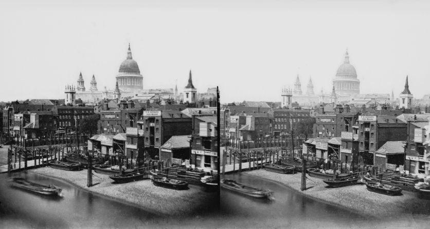 St Paul's Cathedral, seen from Southwark Bridge on the River Thames, circa 1870.