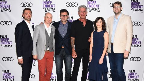 'Parts Unknown' team members Jeff Allen, Zach Zamboni, Tom Vitale, Sandy Zweig and Hunter Gross with Bourdain in 2017