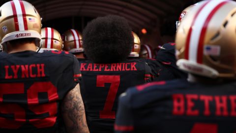 SANTA CLARA, CA - OCTOBER 06:  Colin Kaepernick #7 of the San Francisco 49ers walks on the field with teammates prior to their NFL game against the Arizona Cardinals at Levi's Stadium on October 6, 2016 in Santa Clara, California.  (Photo by Ezra Shaw/Getty Images)