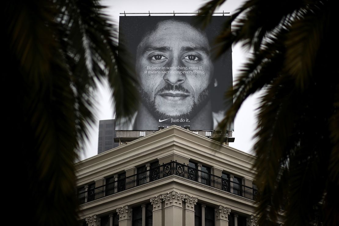 A billboard featuring Kaepernick is displayed on the roof of the Nike Store in San Francisco
