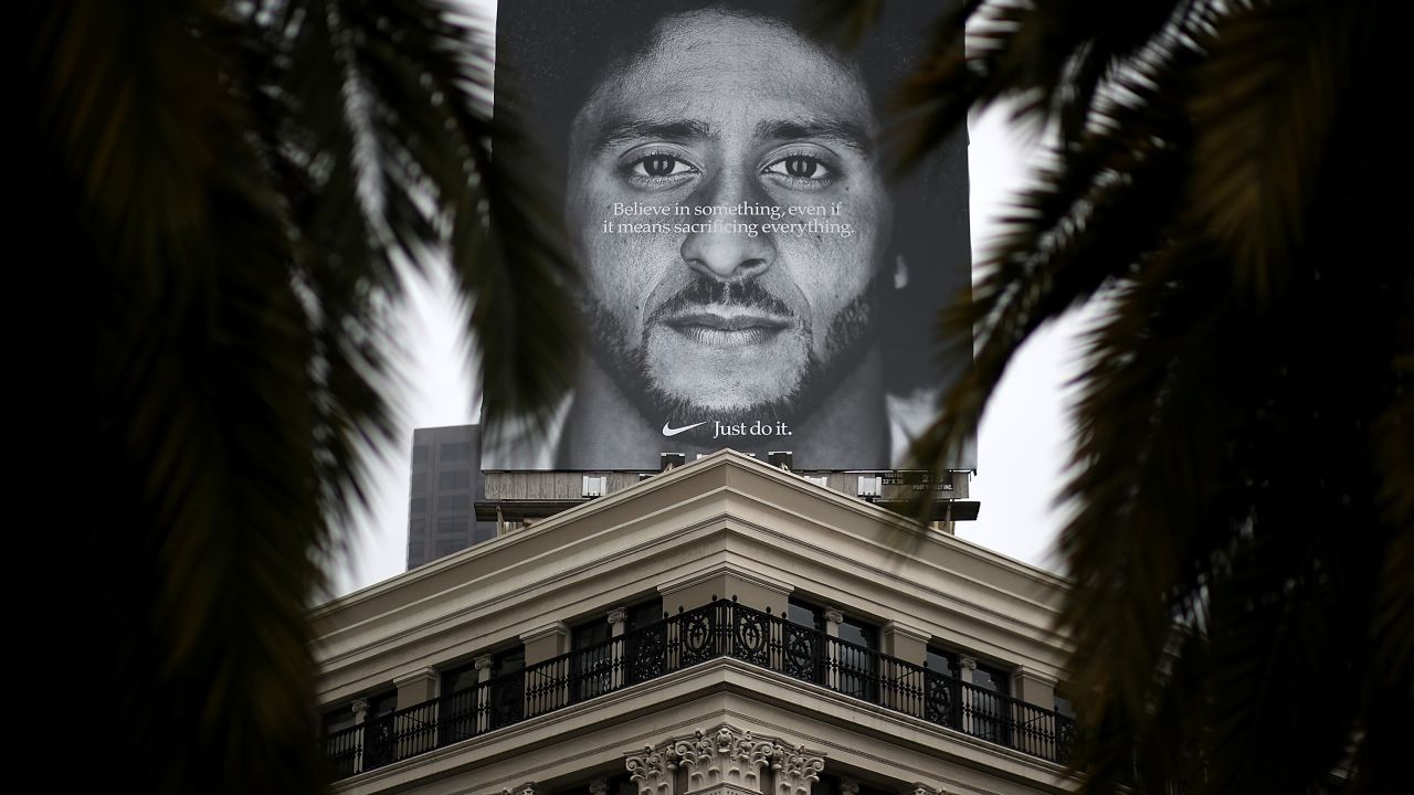 A billboard featuring Kaepernick is displayed on the roof of the Nike Store in San Francisco