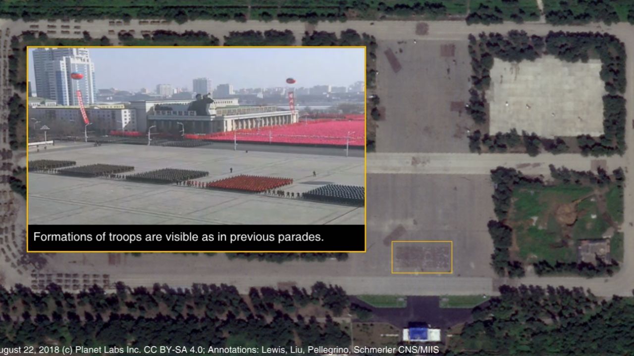 A satellite image provided by Planet Labs and analyzed by the James Martin Center for Nonproliferation Studies that appears to show practice sessions for the upcoming parade.