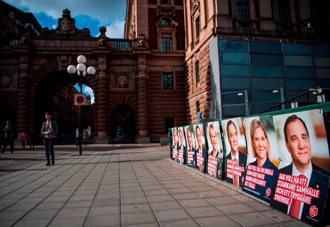 Posters of the Social Democrat candidates and Swedish Prime Minister Stefan Loefven in Stockholm.