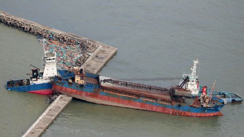 A ship collided with a breakwater due to strong winds whipped by Typhoon Jebi in Nishinomiya city, Hyogo prefecture, September 5, 2018.