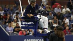 Serena Williams of the United States argues with umpire Carlos Ramos during her Women's Singles finals match against Naomi Osaka of Japan on Day Thirteen of the 2018 US Open at the USTA Billie Jean King National Tennis Center on September 8, 2018 in the Flushing neighborhood of the Queens borough of New York City.
