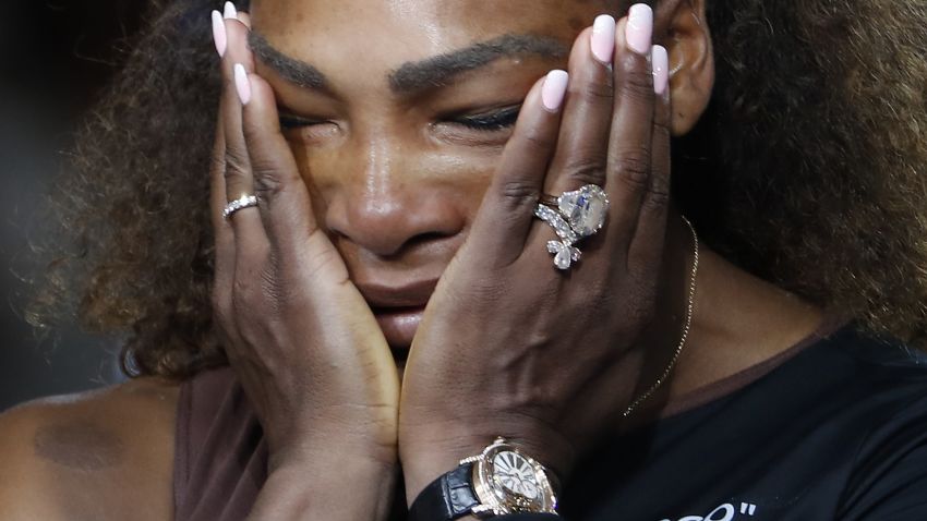 Serena Williams reacts during the trophy ceremony in the women's final of the U.S. Open tennis tournament, Saturday, September 8 2018, in New York. Naomi Osaka, of Japan, defeated Williams.