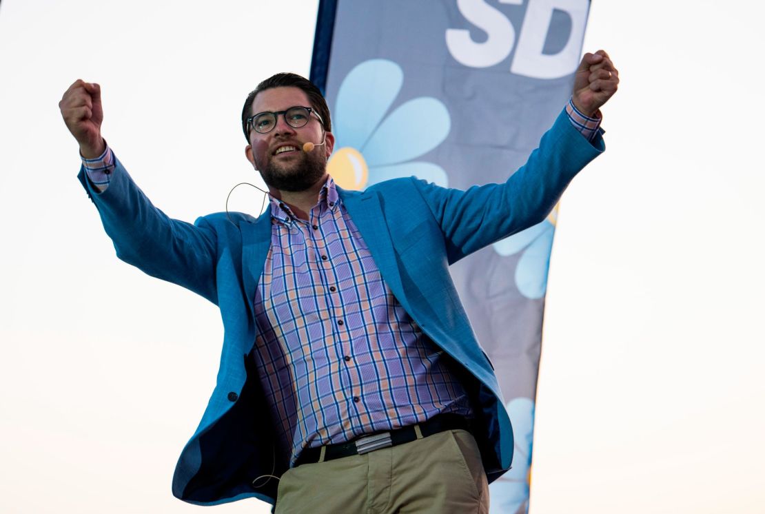 Sweden Democrats leader Jimmie Akesson campaigns in Stockholm in Saturday.