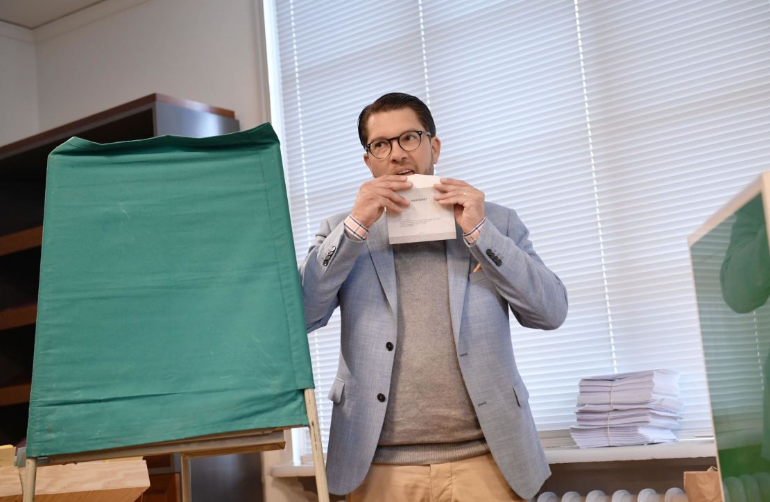Jimmie Akesson, leader of the Sweden Democrats, votes in Stockholm on Sunday. 