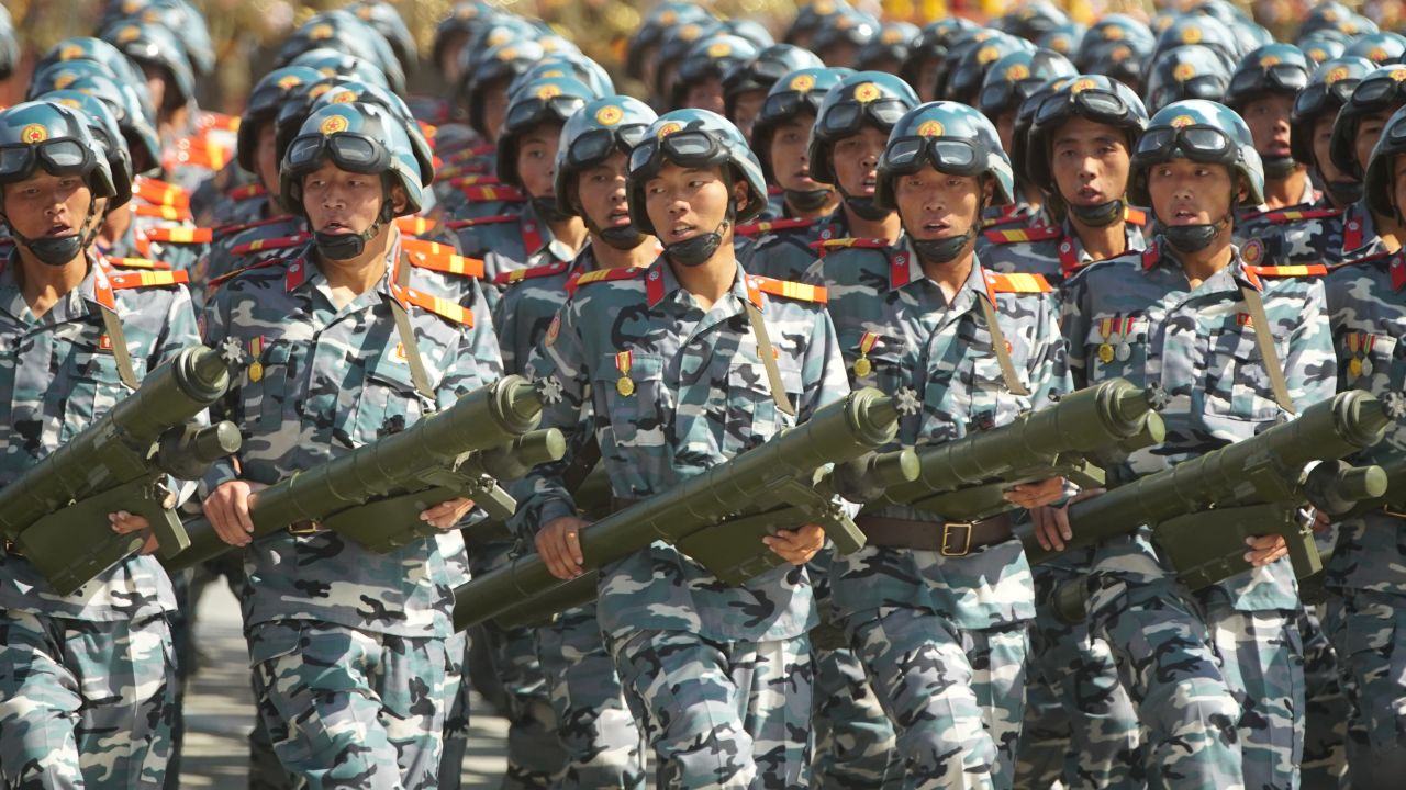 Soldiers march during a military parade in North Korea.