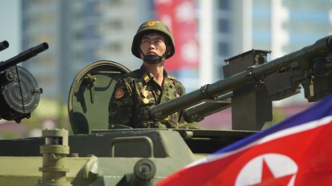 A soldier is seen during celebrations for North Korea's 70th anniversary.