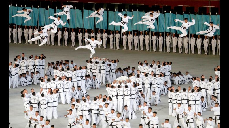 Performers take part in the Arirang Mass Games marking the 70th anniversary of the foundation of North Korea, at May Day Stadium on Sunday, September 9.