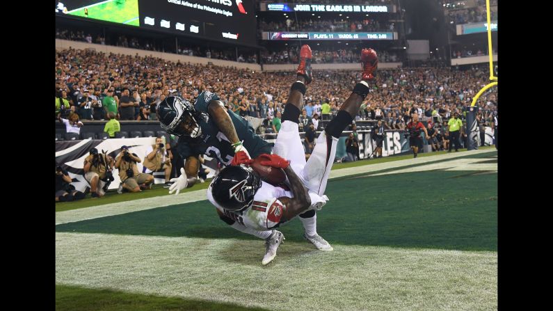 Philadelphia Eagles cornerback Ronald Darby pushes Atlanta Falcons wide receiver Julio Jones out of bounds on the final pay of the game at Lincoln Financial Field in Philadelphia on Thursday, September 6.
