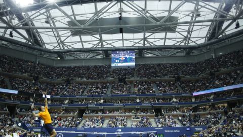 Juan Martin del Potro hits a serve during Sunday's US Open final.