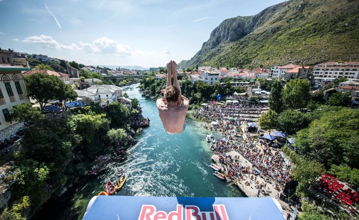 Gary Hunt dives from the 27 meter platform on Stari Most Bridge during the final competition day of the sixth stop at the Red Bull Cliff Diving World Series on September 8 in Mostar, Bosnia and Herzegovina. 
