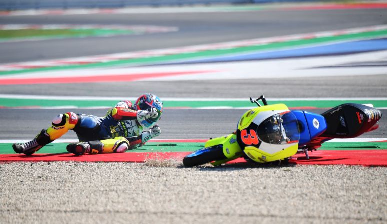 Rider Kevin Zannoni falls during the Moto3 race of the San Marino Grand Prix at the Marco Simoncelli Circuit in Misano, Italy, on Sunday, September 9.