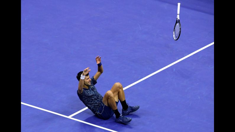 Novak Djokovic celebrates after winning his men's singles finals match against Juan Martin del Potro on day 14 of the 2018 US Open at the USTA Billie Jean King National Tennis Center on Sunday, September 9, in New York.