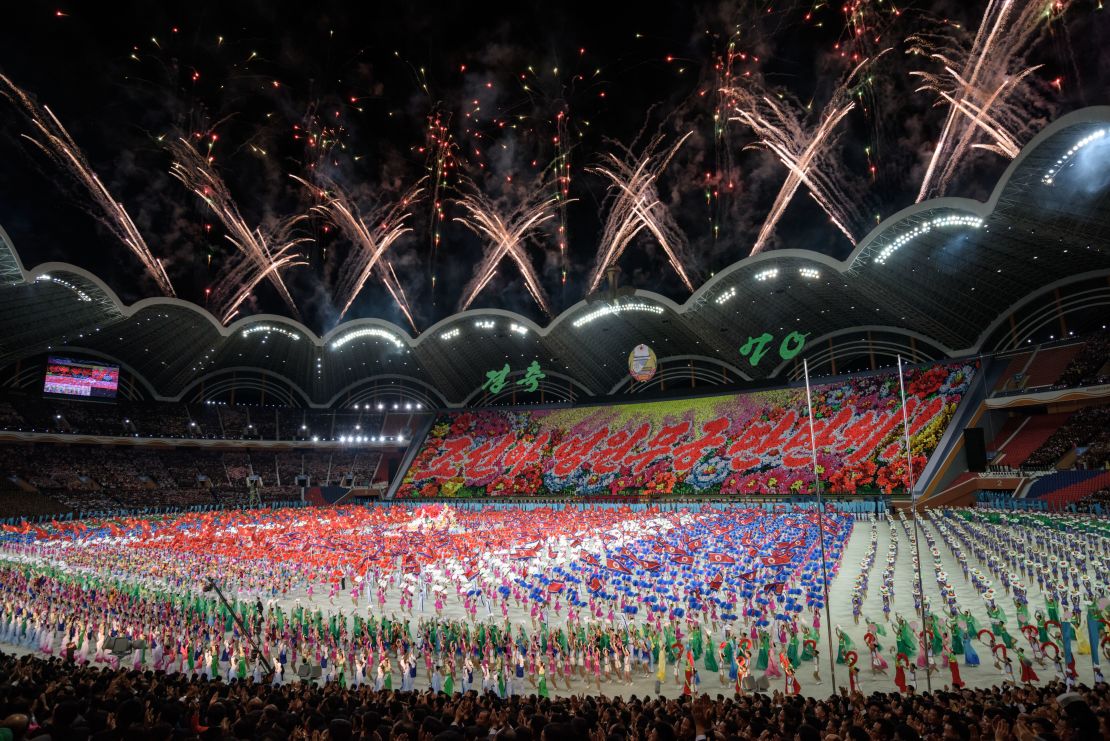 Participants perform in the Mass Games at the May Day stadium in Pyongyang, Sunday night. 