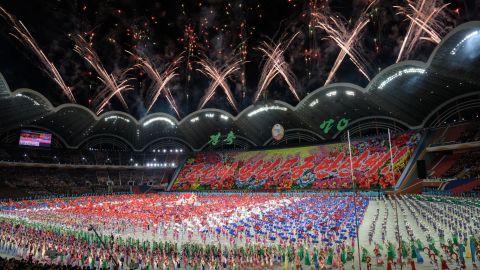Participants perform in the Mass Games at the May Day stadium in Pyongyang, Sunday night.