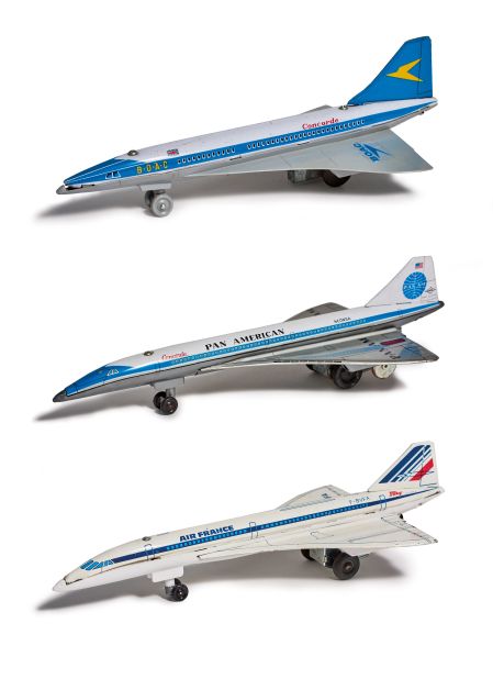 Die-cast toys of Concorde with liveries of Pan American, Air France and BOAC (British Overseas Airways Corporation), which never actually flew the plane and merged with British Airways in 1974.