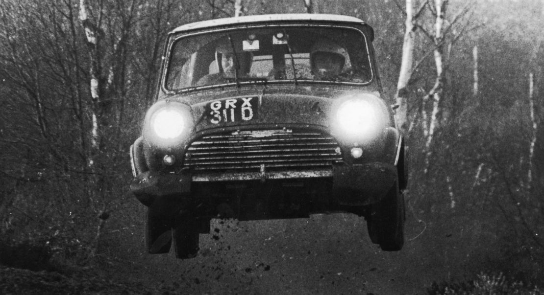 The first of the flying Finns, Timo Mäkinen, drives an Austin Morris Mini during a rally in the 1960s.