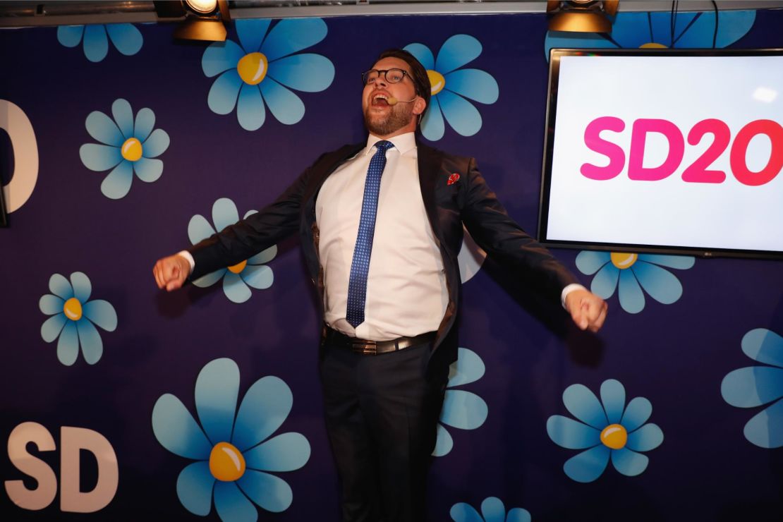 Leader of the far-right Sweden Democrats Jimmie ?kesson speaks at the party election center on Sunday.
