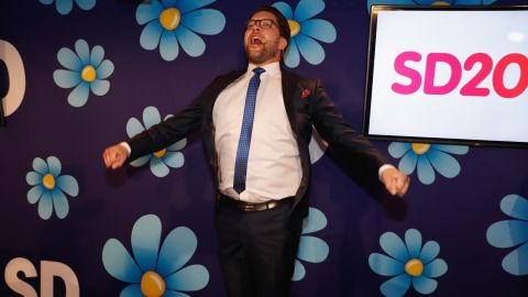 Leader of the far-right Sweden Democrats Jimmie Åkesson speaks at the party election center on Sunday.