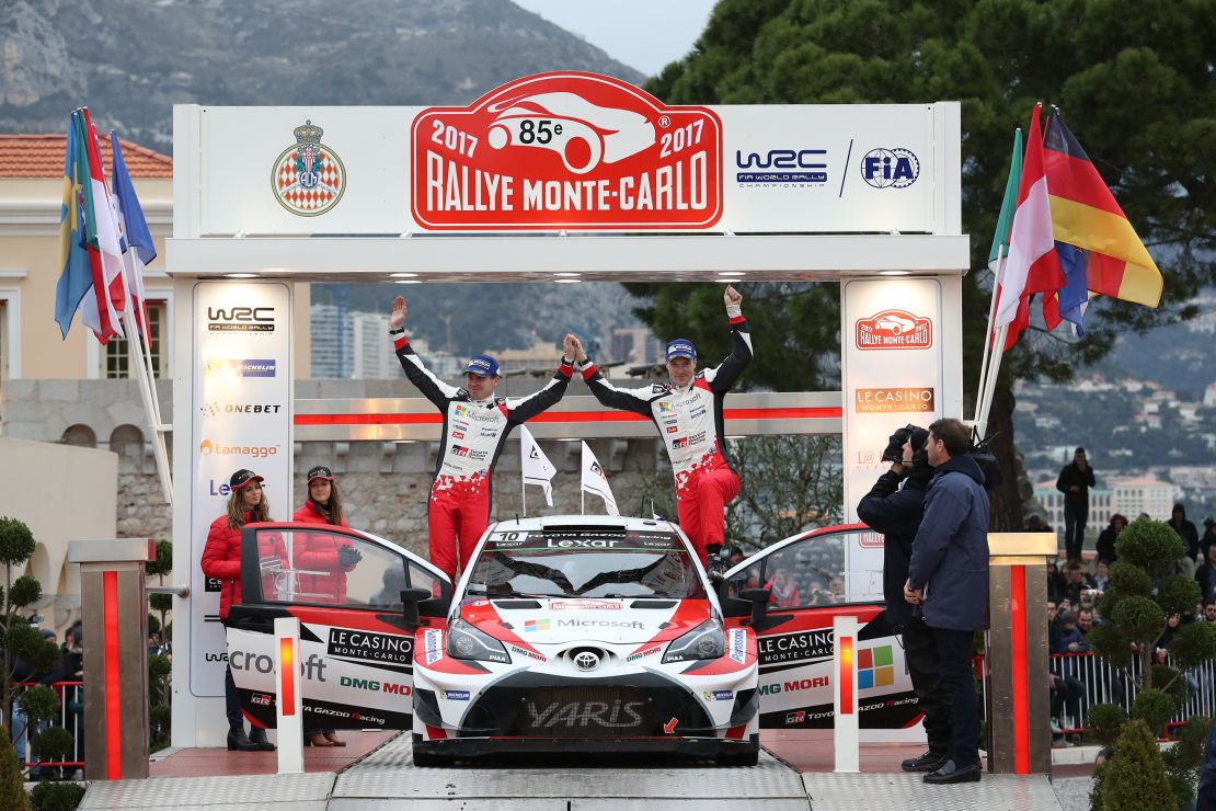Latvala and Anttila celebrate second place at Monte Carlo.