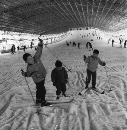 Indoor skiing centers took off in Japan in the 1960s. Pictured are children at the bottom of the nearly 1,000-foot run at the Sayama indoor ski slope in Tokorozawa City, circa 1960. The complex is still open. 