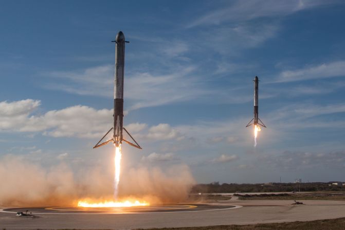 First launched in February 2018, the Falcon Heavy is currently the world's most powerful rocket, and its launch boosters can astonishingly land back to Earth after lift-off for later use -- as seen in this picture of an actual re-entry.