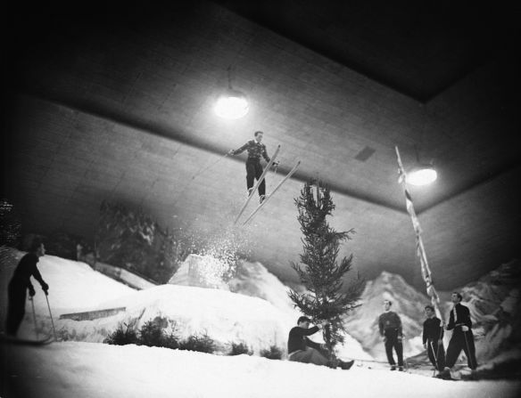 On the other side of the Atlantic, at Earl's Court in London, Sverre Kolterud took to the air in 1938. The Olympic medal winner participated in the "Winter Calvalcade" at the exposition space, which featured a 100-foot slope. <a href="https://www.britishpathe.com/video/summer-and-winter-at-earls-court" target="_blank" target="_blank">British Pathe</a> was on hand to capture all the antics on video.<br />