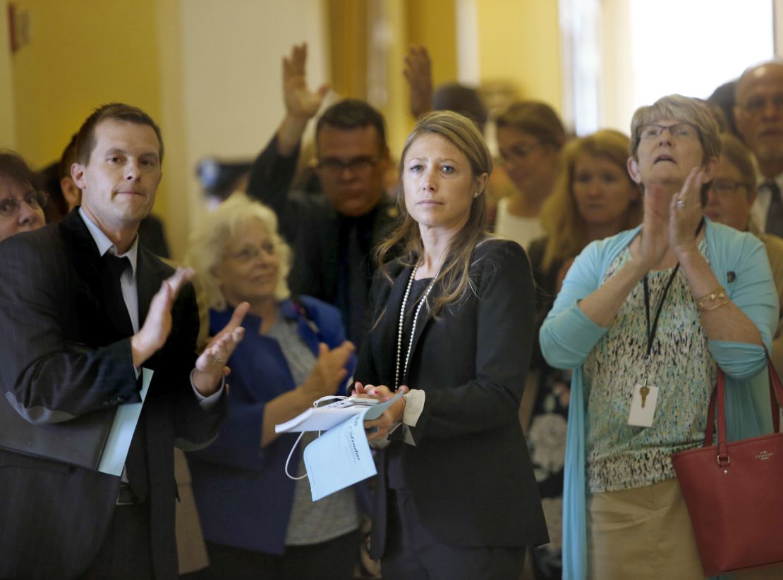 Then-Maine House Assistant Majority Leader Jared Golden, left, is seen at the State House by dozens of state workers in July 2017. (Staff photo by Derek Davis/Portland Press Herald via Getty Images)