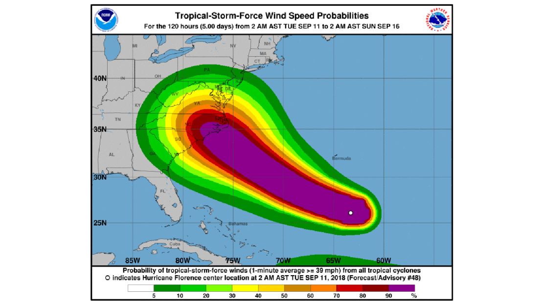 This map shows the likelihood of tropical storm-force winds decreasing gradually from a projected landfall near Wilmington, North Carolina, to between 5% and 10% at its edges.