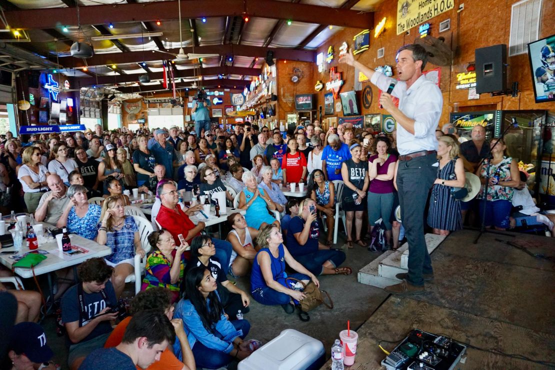 Crowds packed Papa's Ice House in Spring, Texas, to hear O'Rourke make his pitch.