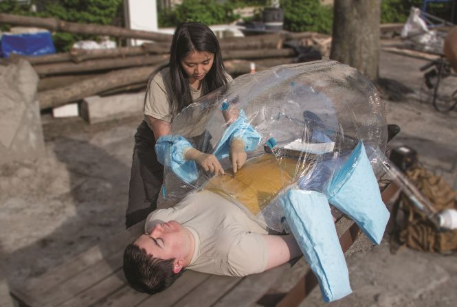 This inflatable tent becomes an operating theater on the go, allowing doctors to perform emergency surgery in difficult areas or disaster zones.