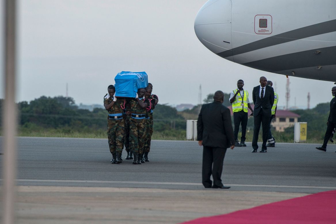 Soldiers carry the coffin of late Ghanaian diplomat Kofi Atta Annan on the tarmac of Kotoka International Airport in Accra on September 10, 2018. <br /><br />His body will remain at Accra Conference Center until the burial which will take place on Thursday, September 13 in Accra.<br />Annan was born in Kumasi, Ghana in 1938. He died on August 18, 2018 in Switzerland after a short illness. He was 80. Annan was the seventh Secretary-General of the United Nations, serving from 1997 to 2006. 