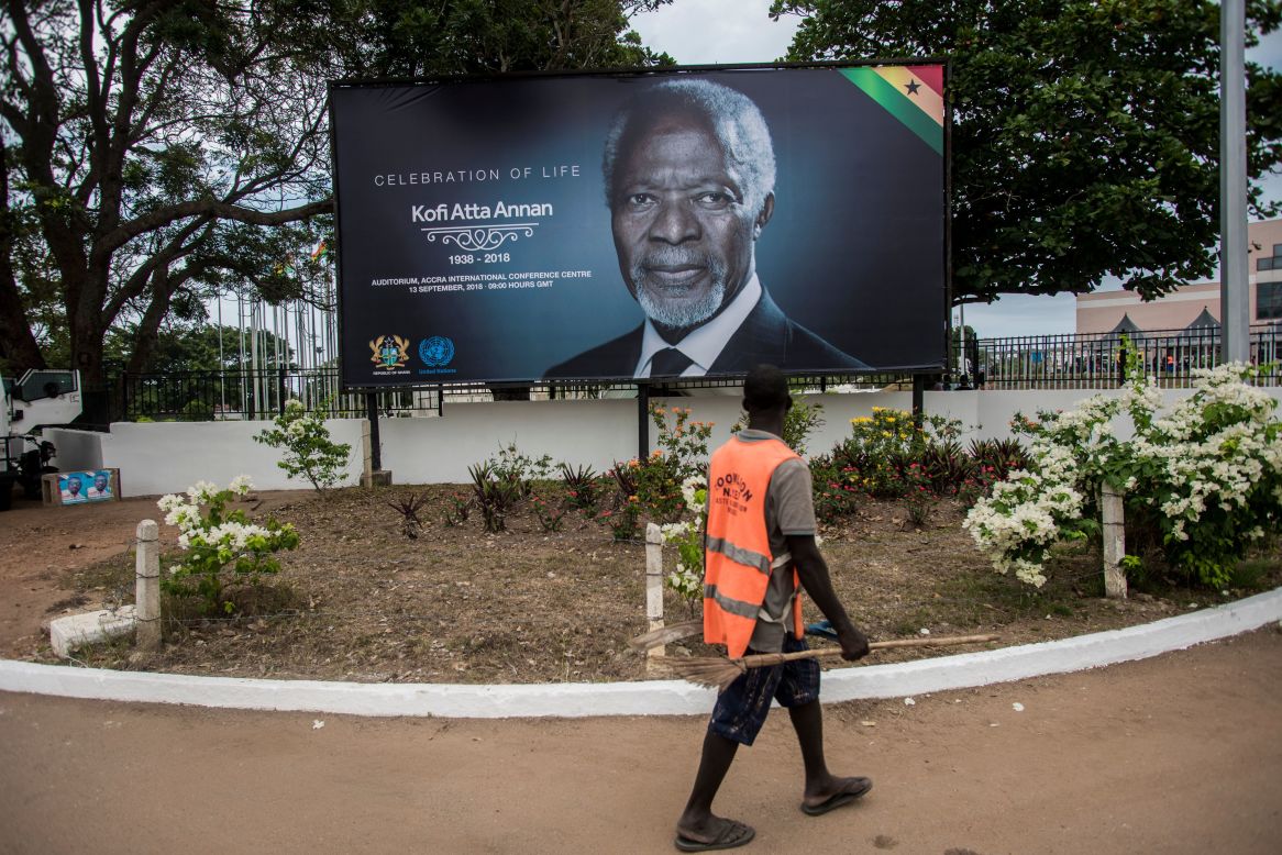 A billboard in Accra announcing the celebration of life of Kofi Annan. Funerals are huge affairs in Ghana and are celebrated, particularly when the person has died in old age. 