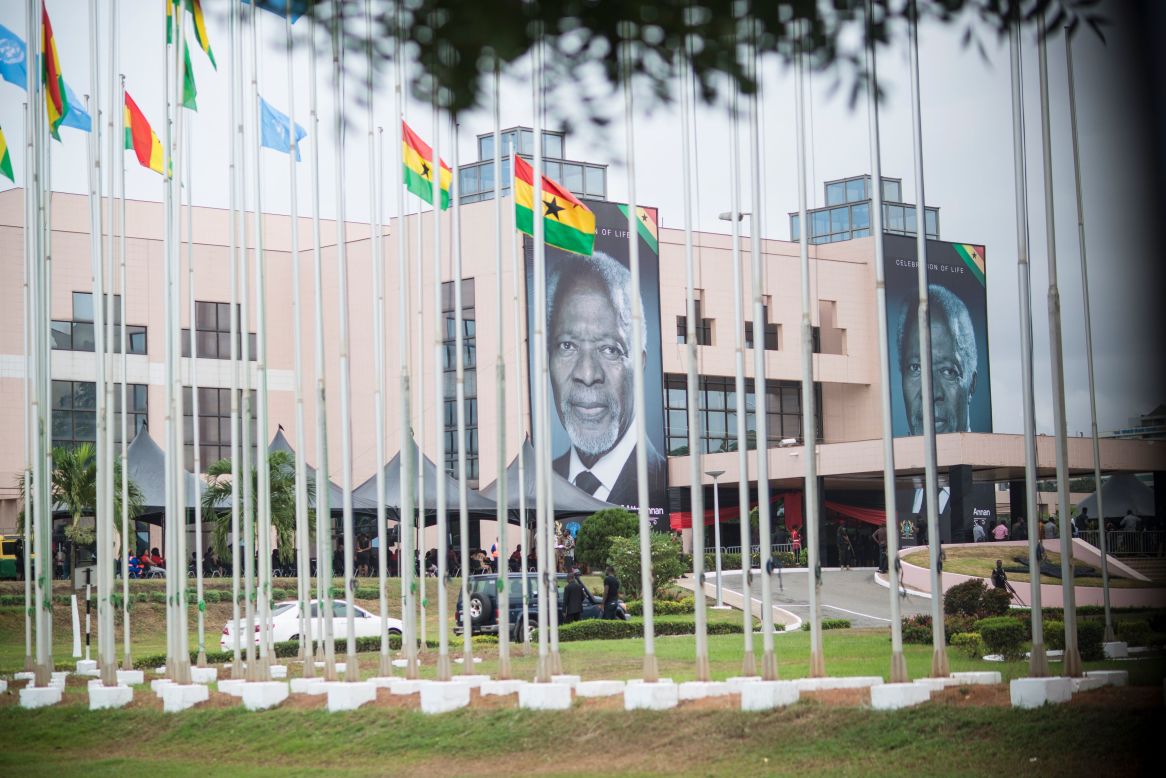 Billboards featuring Kofi Annan are displayed at the entrance of Accra International Conference Center where Annan's coffin is lying in state. 