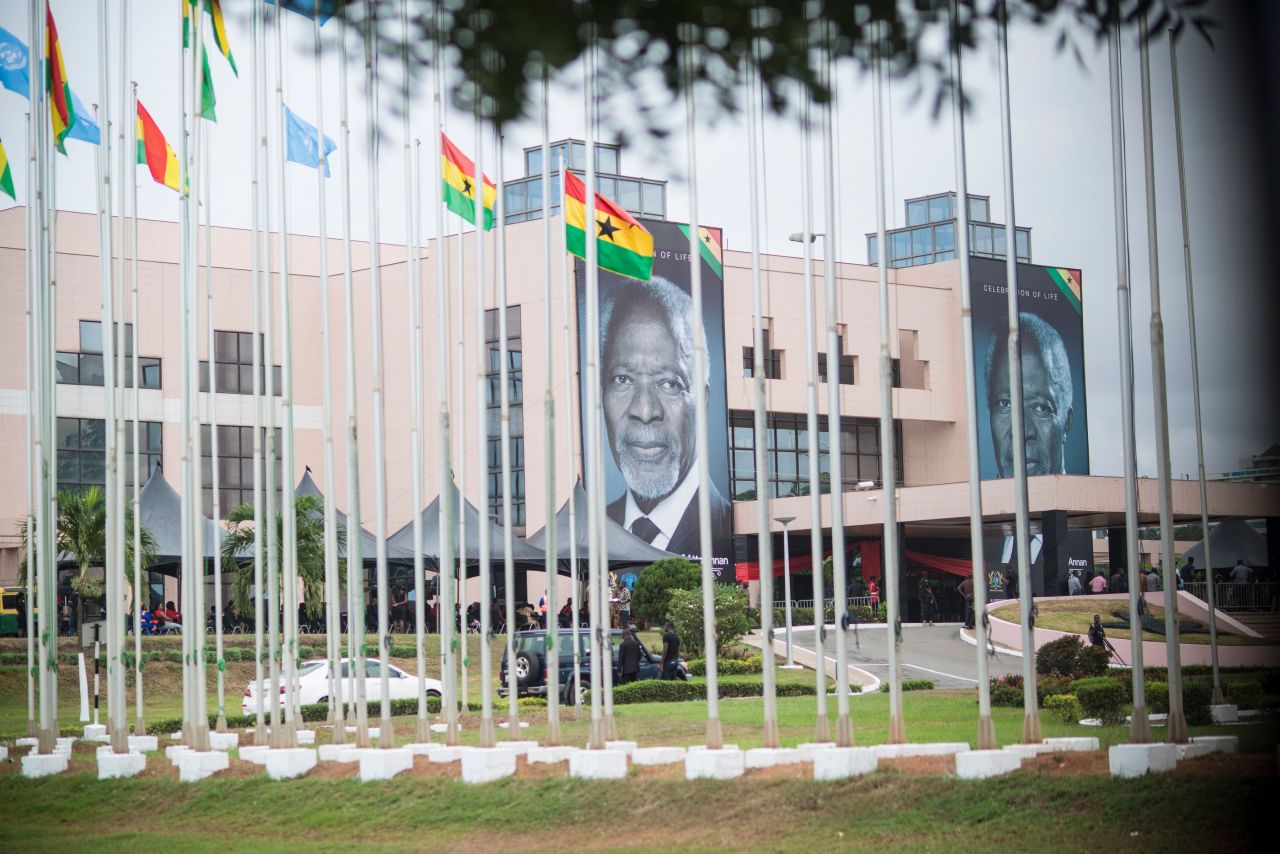 Billboards featuring Annan are displayed at the entrance of the Accra International Conference Centre on Tuesday, September 11.