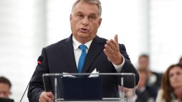 Hungary's Prime Minister Viktor Orban gestures as he delivers a speech during a debate concerning Hungary's situation as part of a plenary session at the European Parliament on September 11, 2018 in Strasbourg, eastern France. - Hungarian Prime Minister Viktor Orban vowed, on September 11, 2018, to defy EU pressure to soften his hardline anti-migrant stance, condemning what he called the "blackmail" of his country. (Photo by FREDERICK FLORIN / AFP)        (Photo credit should read FREDERICK FLORIN/AFP/Getty Images)